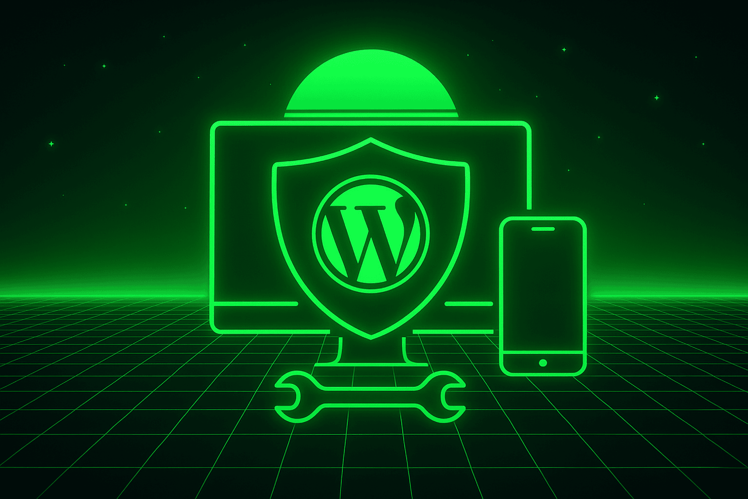 Reacted by a digital green neon icon illustrating WordPress security and maintenance, featuring a shield with the WordPress logo, a computer monitor, and a smartphone, highlighting website protection and optimization services.