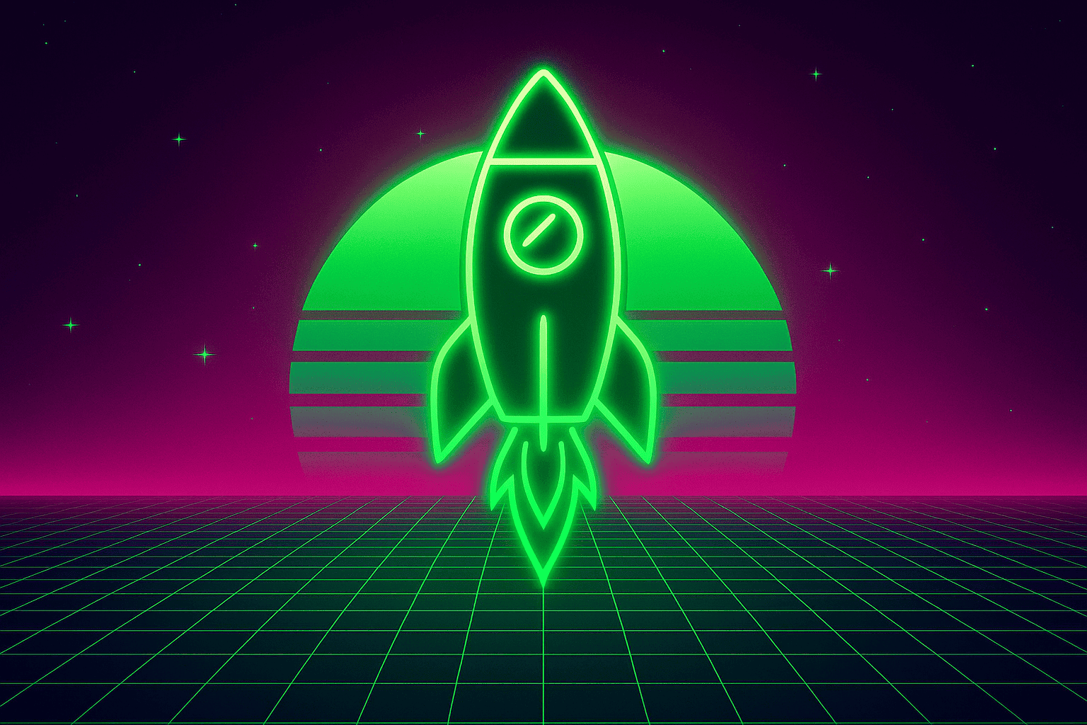 Neon rocket illustration with grid background, representing fast WordPress website performance and optimization services by Webless.