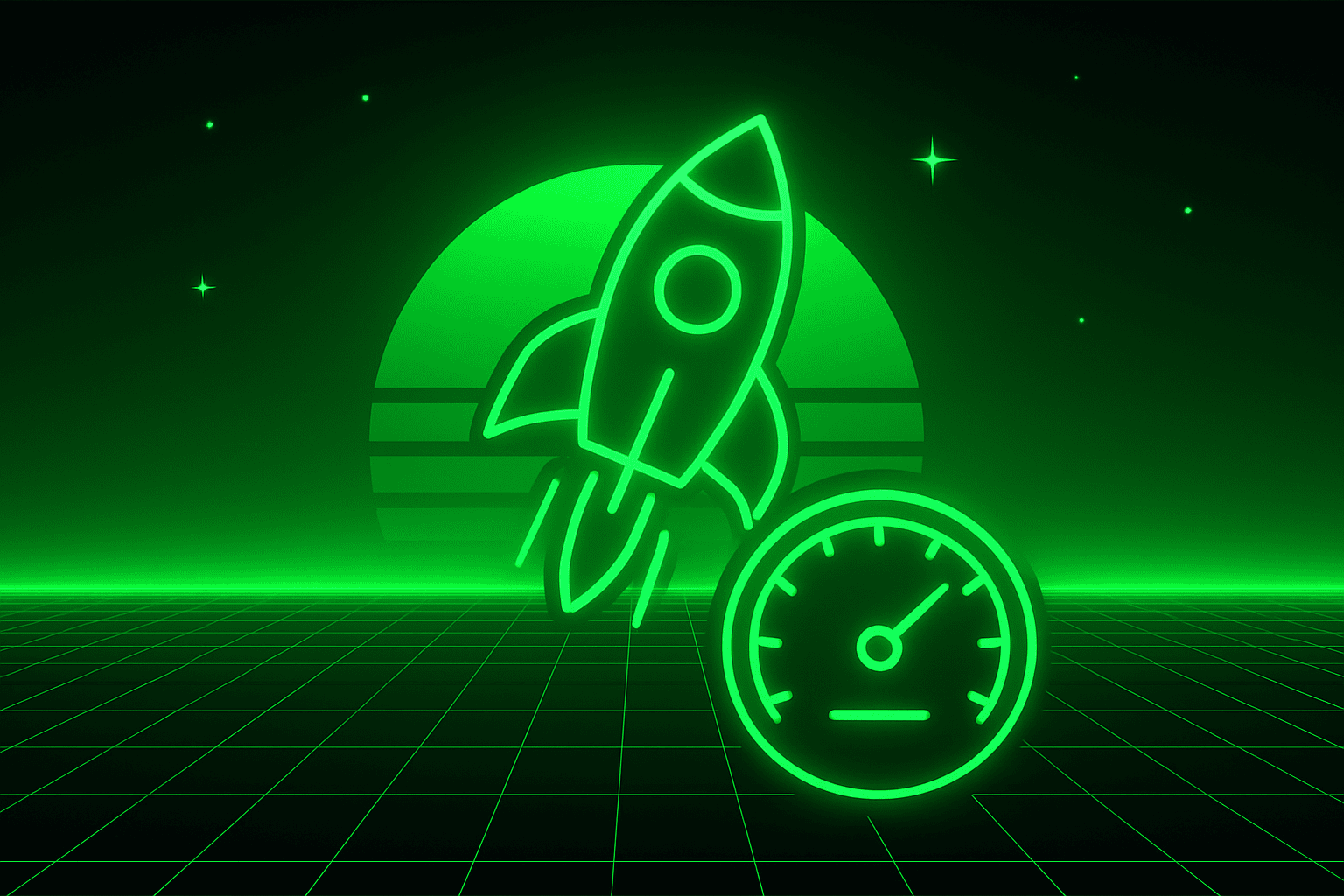 Rocket ship icon with speedometer in neon green, digital space background, representing website speed optimization and performance enhancement services.