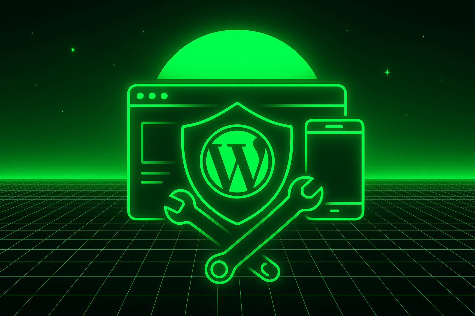 Recovered WordPress website with shield and wrench icons, emphasizing security, speed, and maintenance solutions. Neon green line art on a futuristic digital grid background.