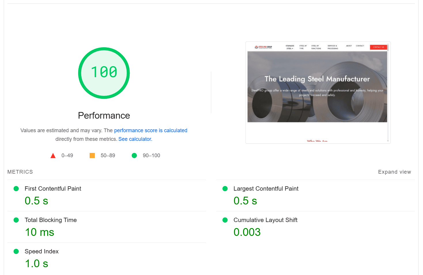 Performance score showing 100 with metrics for web speed and optimization.